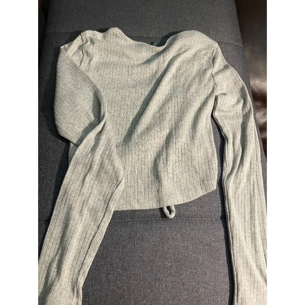 Wild Fable Gray Ribbed Ruched Drawstring Long Sleeve Crop Top M - Picture 8 of 8